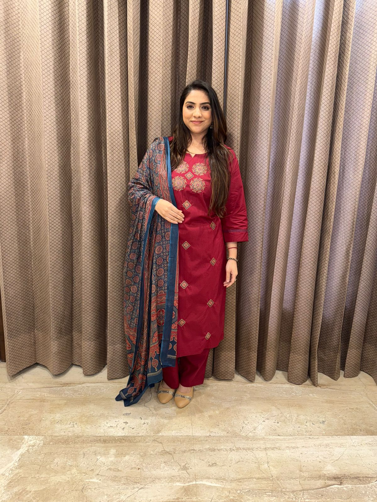 Maroon Embroidered Kurta Set with Contrast Ajrakh Dupatta