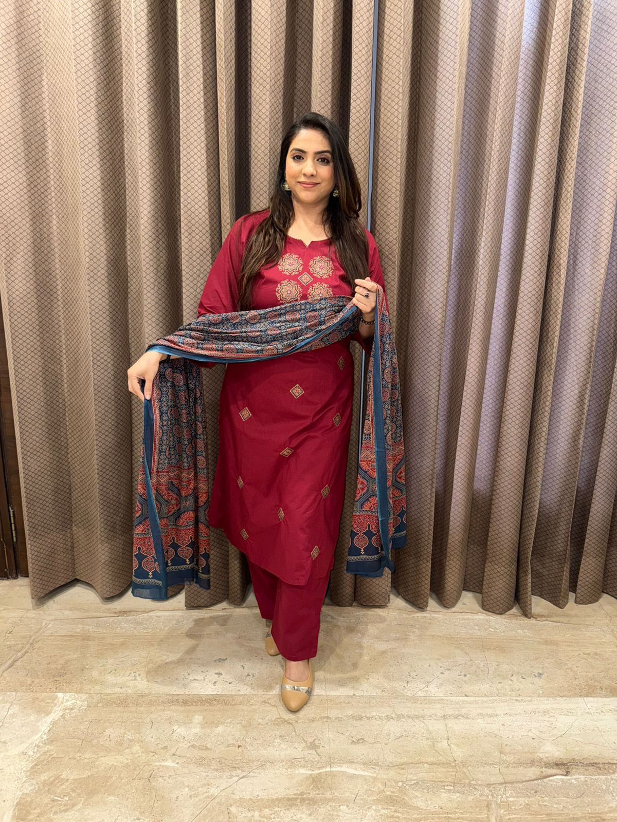 Maroon Embroidered Kurta Set with Contrast Ajrakh Dupatta