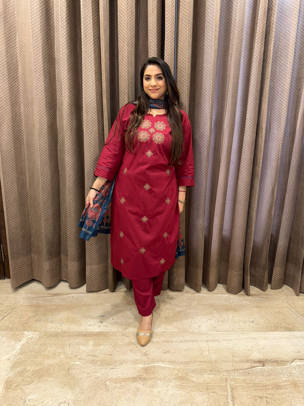 Maroon Embroidered Kurta Set with Contrast Ajrakh Dupatta