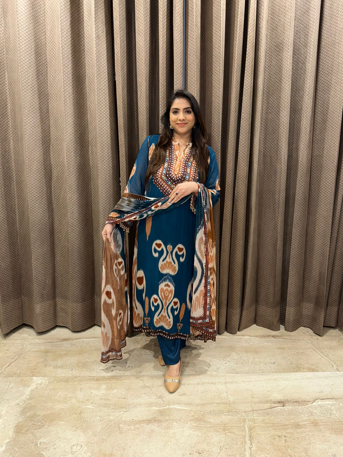 Teal Blue Ethnic Printed A Line Kurta Set with Dupatta