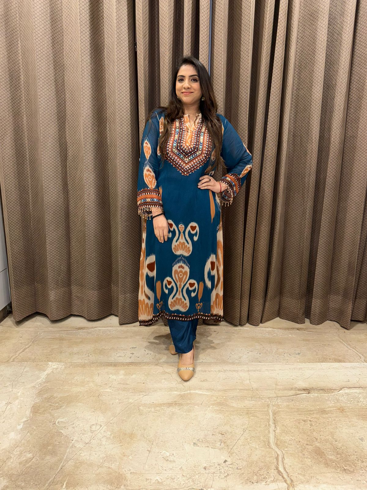 Teal Blue Ethnic Printed A Line Kurta Set with Dupatta