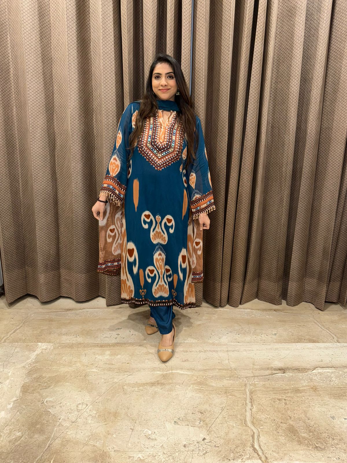 Teal Blue Ethnic Printed A Line Kurta Set with Dupatta