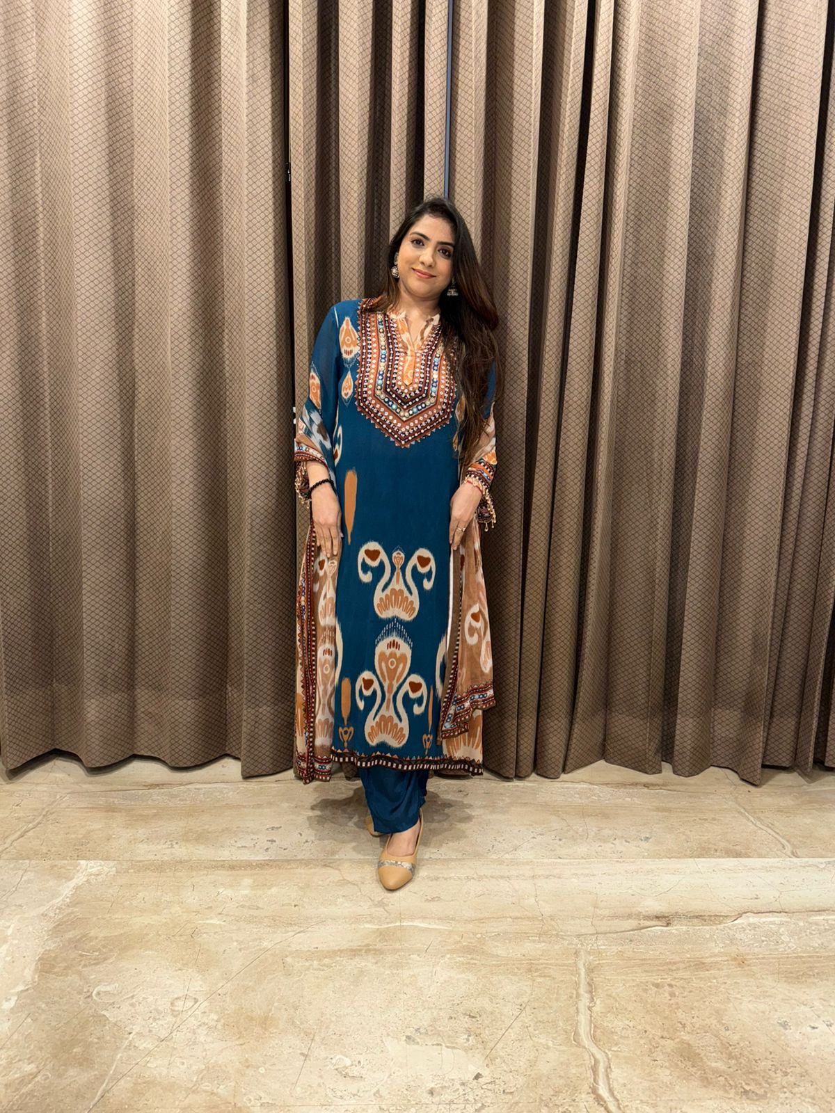 Teal Blue Ethnic Printed A Line Kurta Set with Dupatta