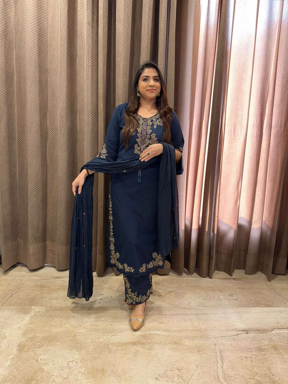 Midnight Blue Embroidered Kurta Set with Dupatta