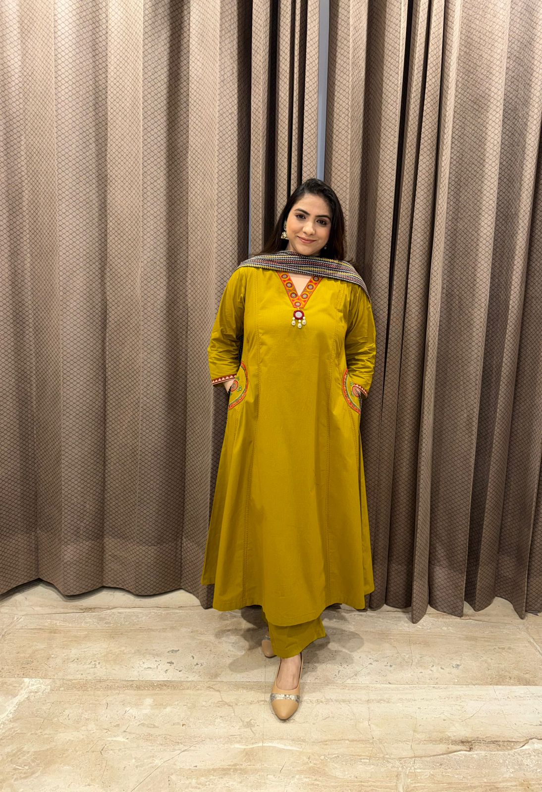 Yellow Mustard Embroidered Kurta Set with Contrast Neckline