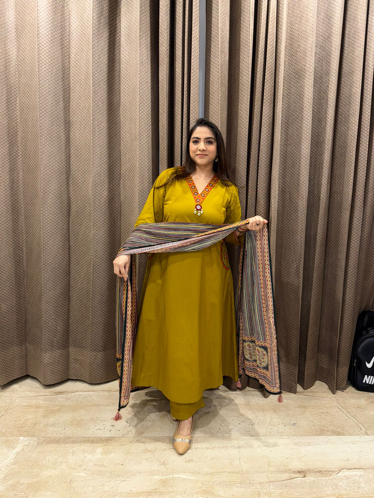 Yellow Mustard Embroidered Kurta Set with Contrast Neckline