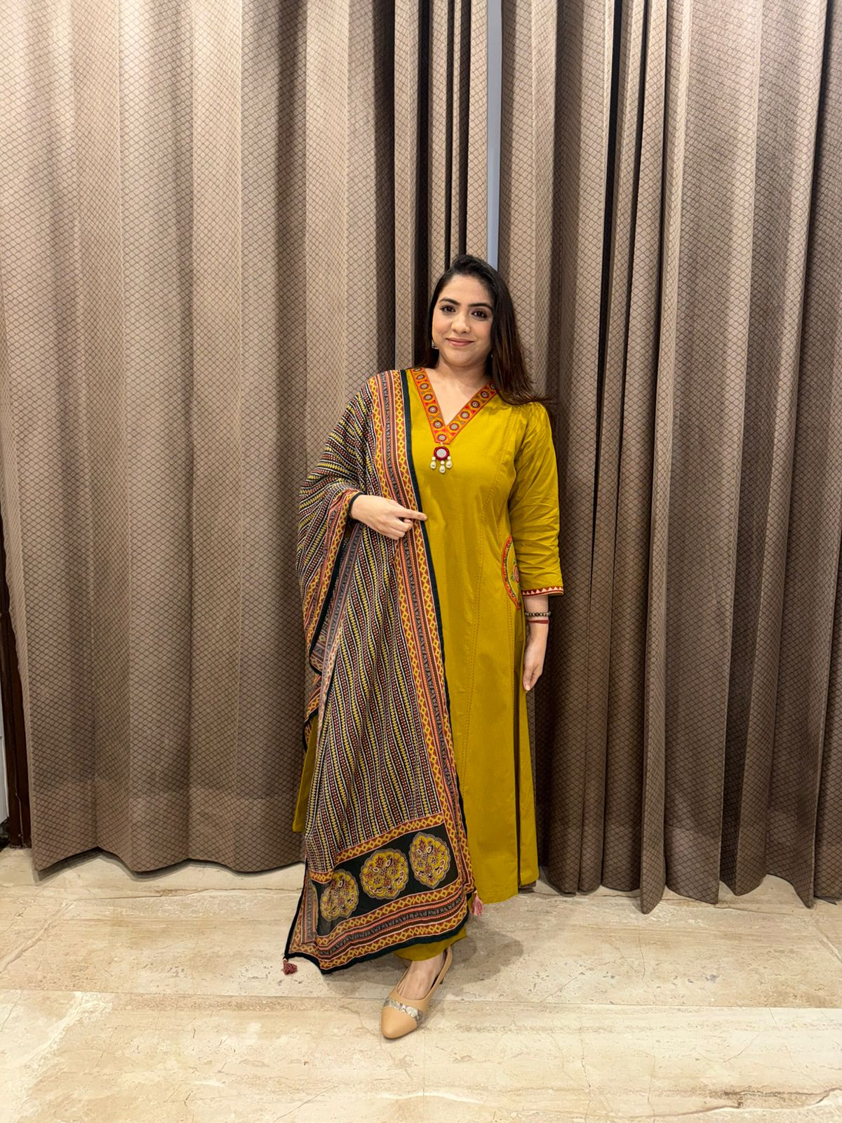 Yellow Mustard Embroidered Kurta Set with Contrast Neckline