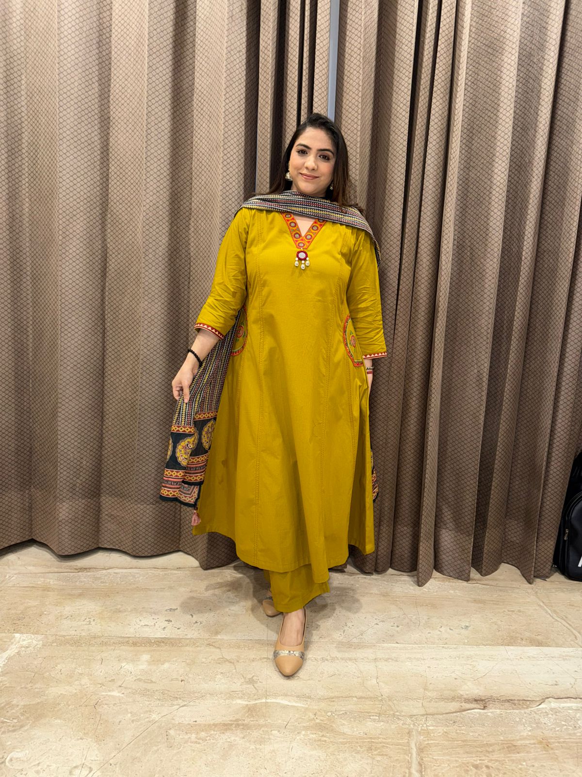 Yellow Mustard Embroidered Kurta Set with Contrast Neckline