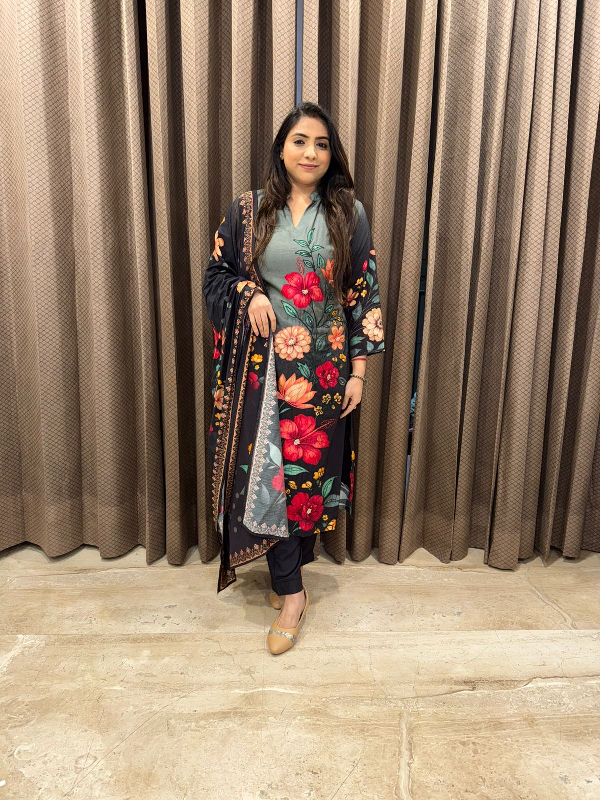 Ombre teal Green & Black Floral Printed Kurta Set with Dupatta