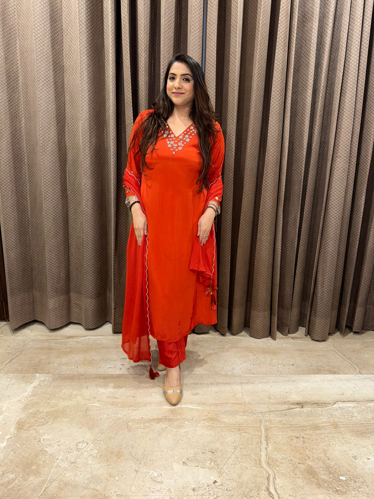 Rust A-line mirror work Kurta Set with Dupatta