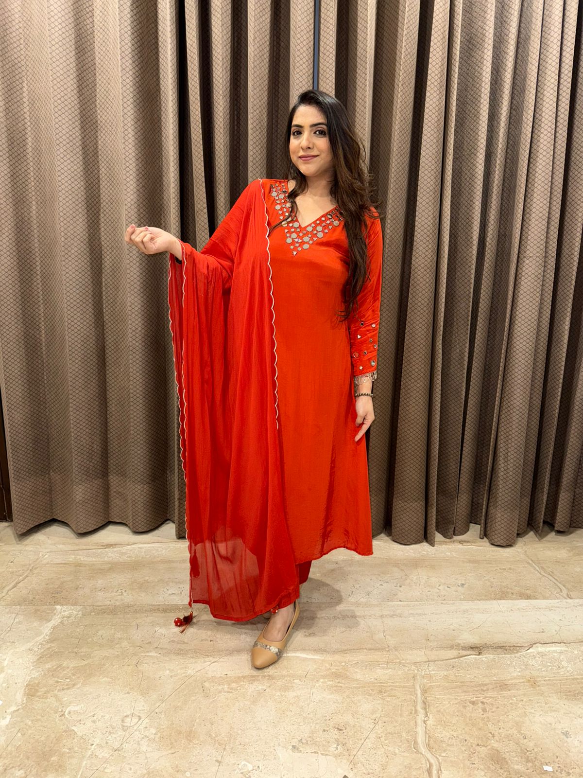 Rust A-line mirror work Kurta Set with Dupatta