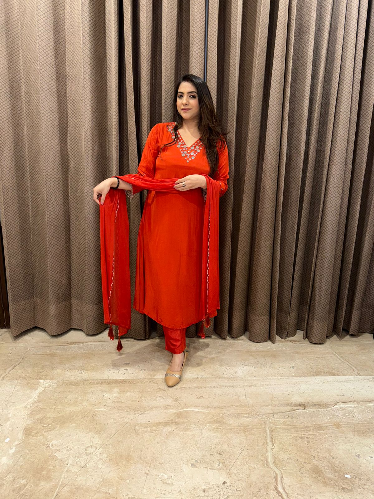 Rust A-line mirror work Kurta Set with Dupatta