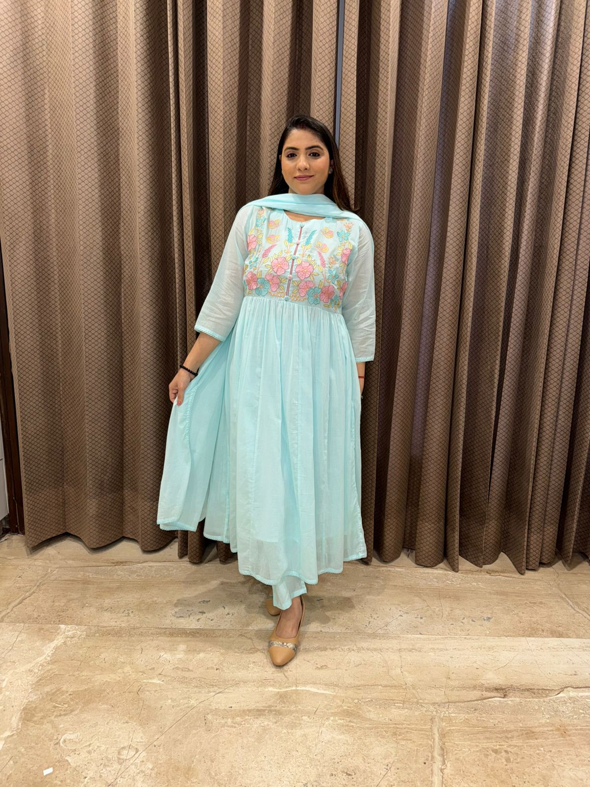 Sky blue A-line Kurta Set with Dupatta