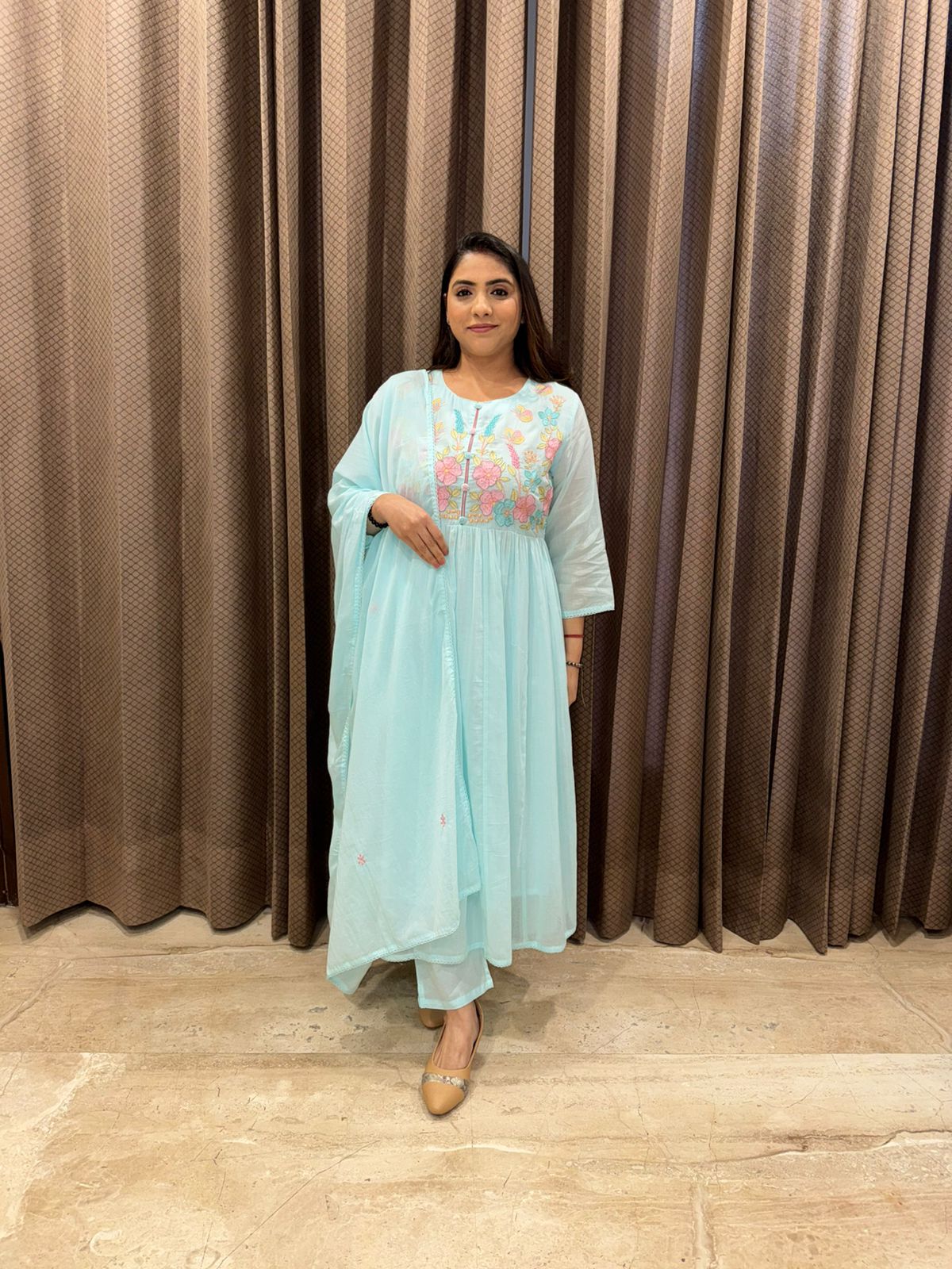 Sky blue A-line Kurta Set with Dupatta