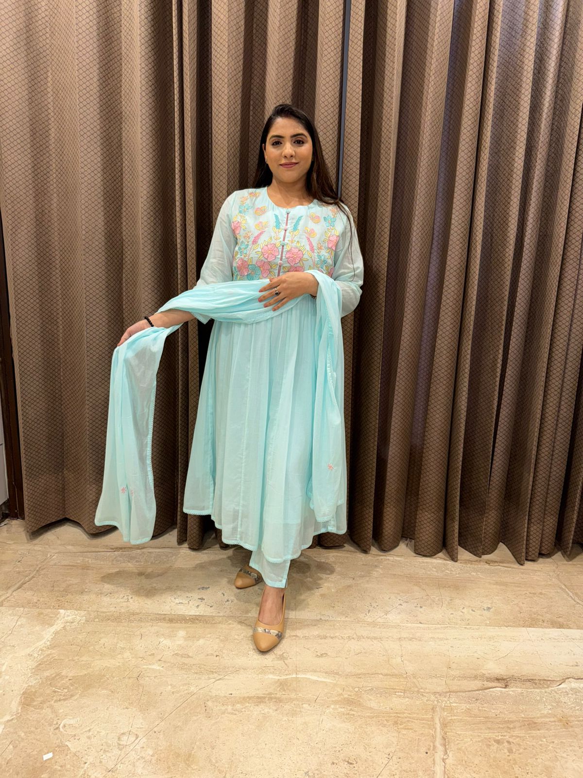 Sky blue A-line Kurta Set with Dupatta