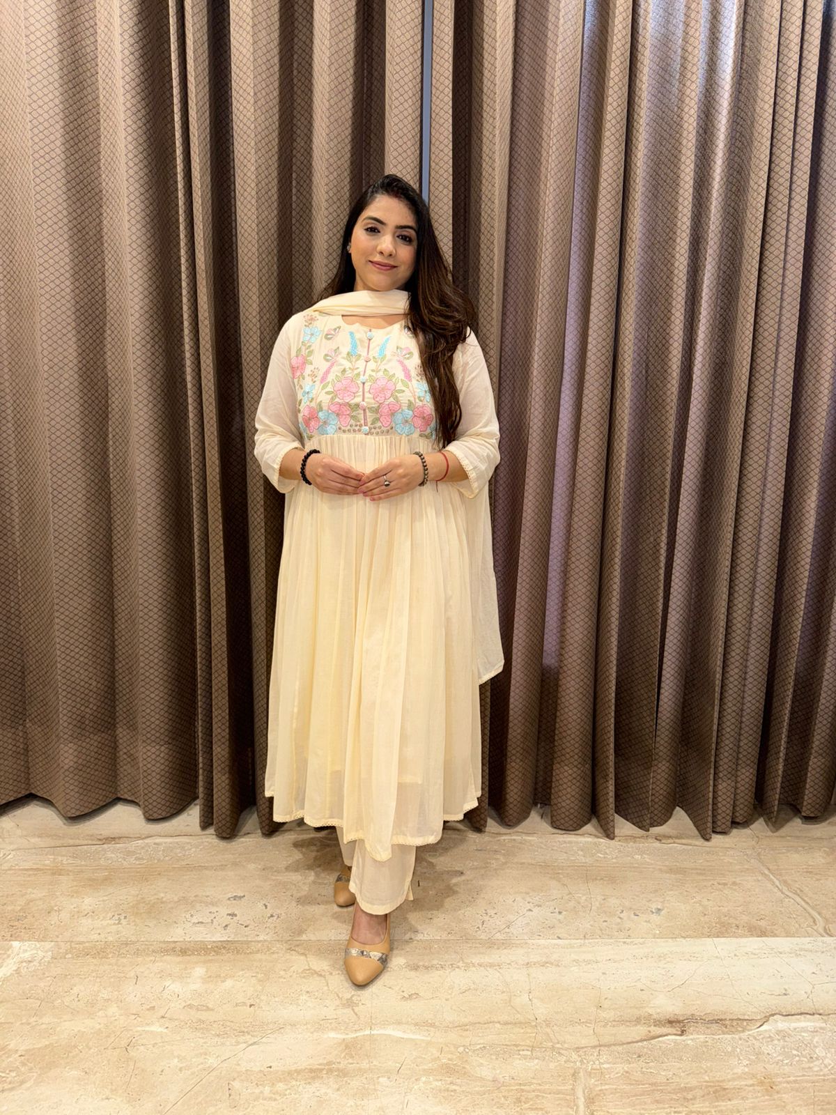 Cream Floral A-line Kurta Set with dupatta