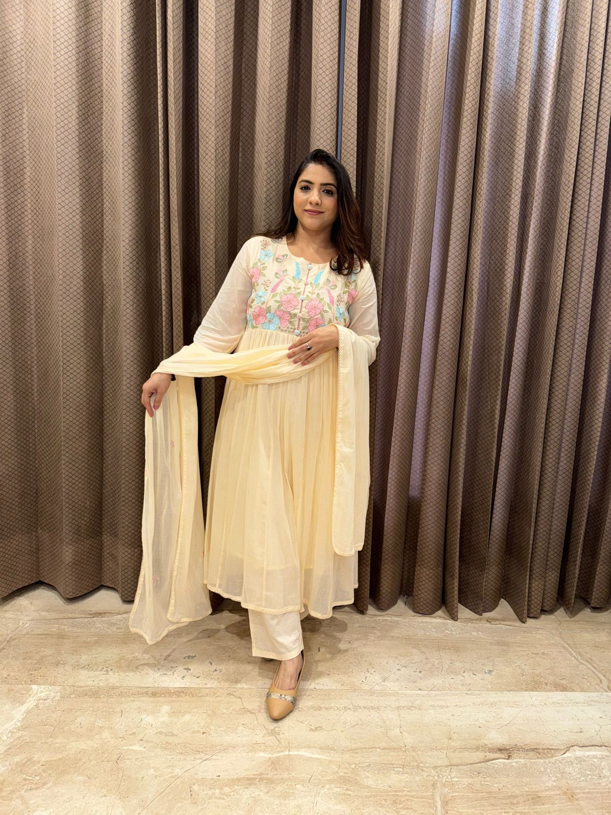 Cream Floral A-line Kurta Set with dupatta