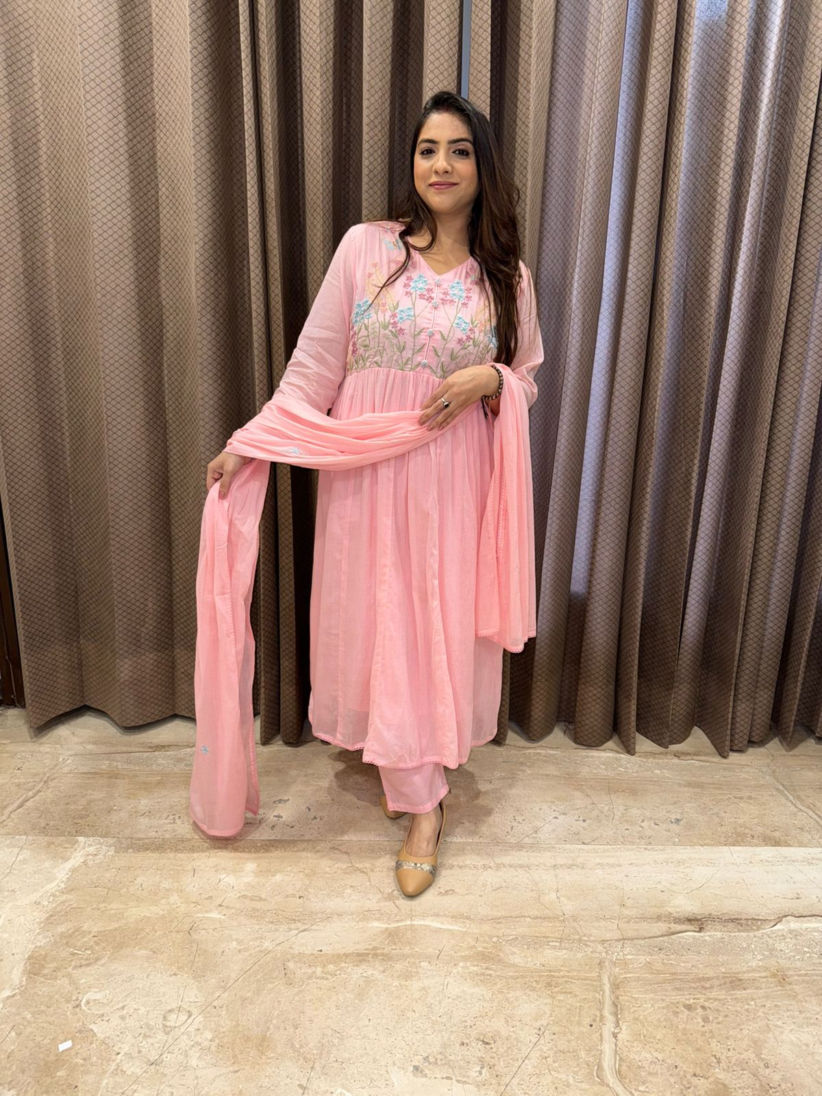 Pink Floral A-line Kurta Set with dupatta