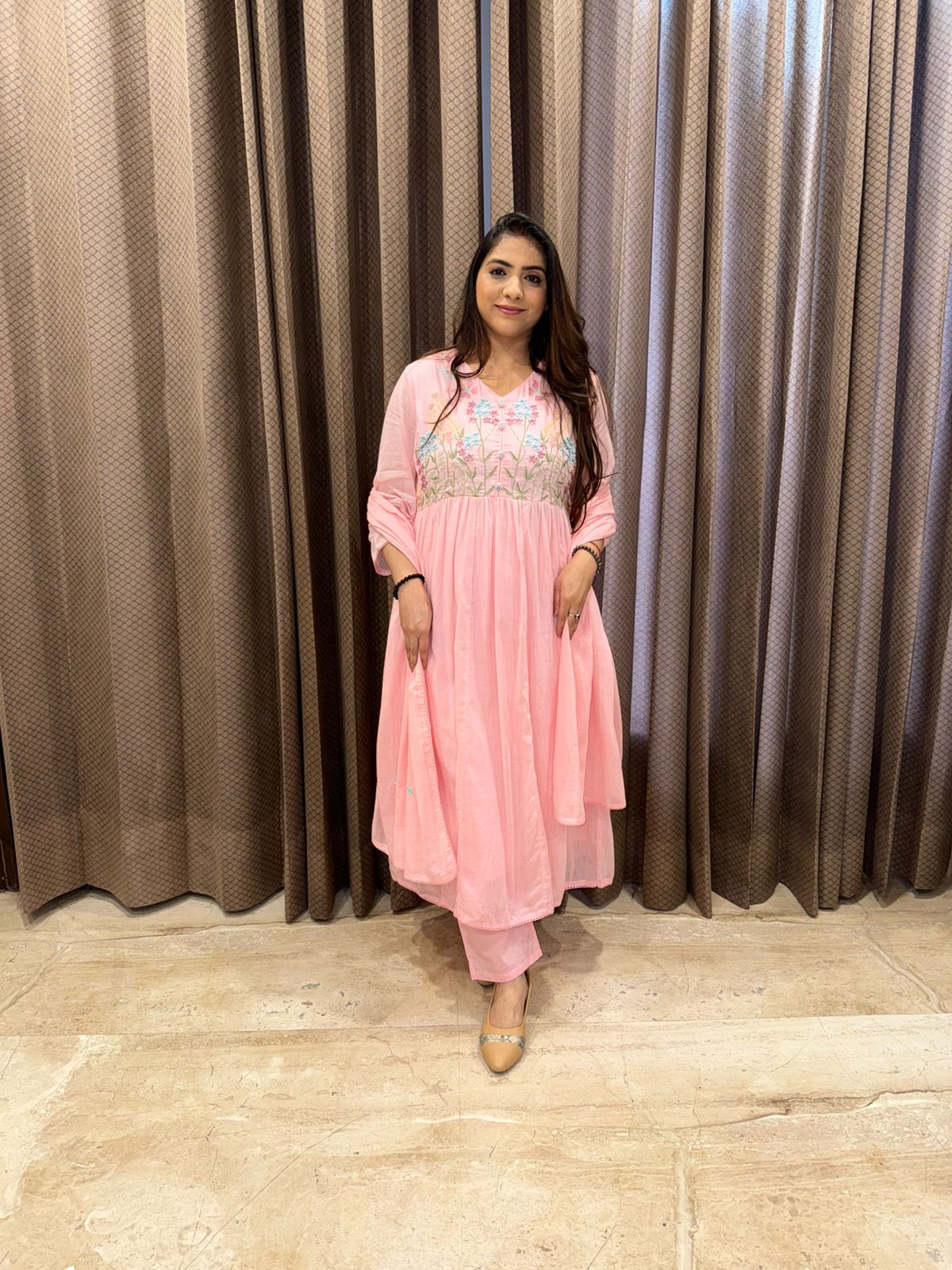 Pink Floral A-line Kurta Set with dupatta