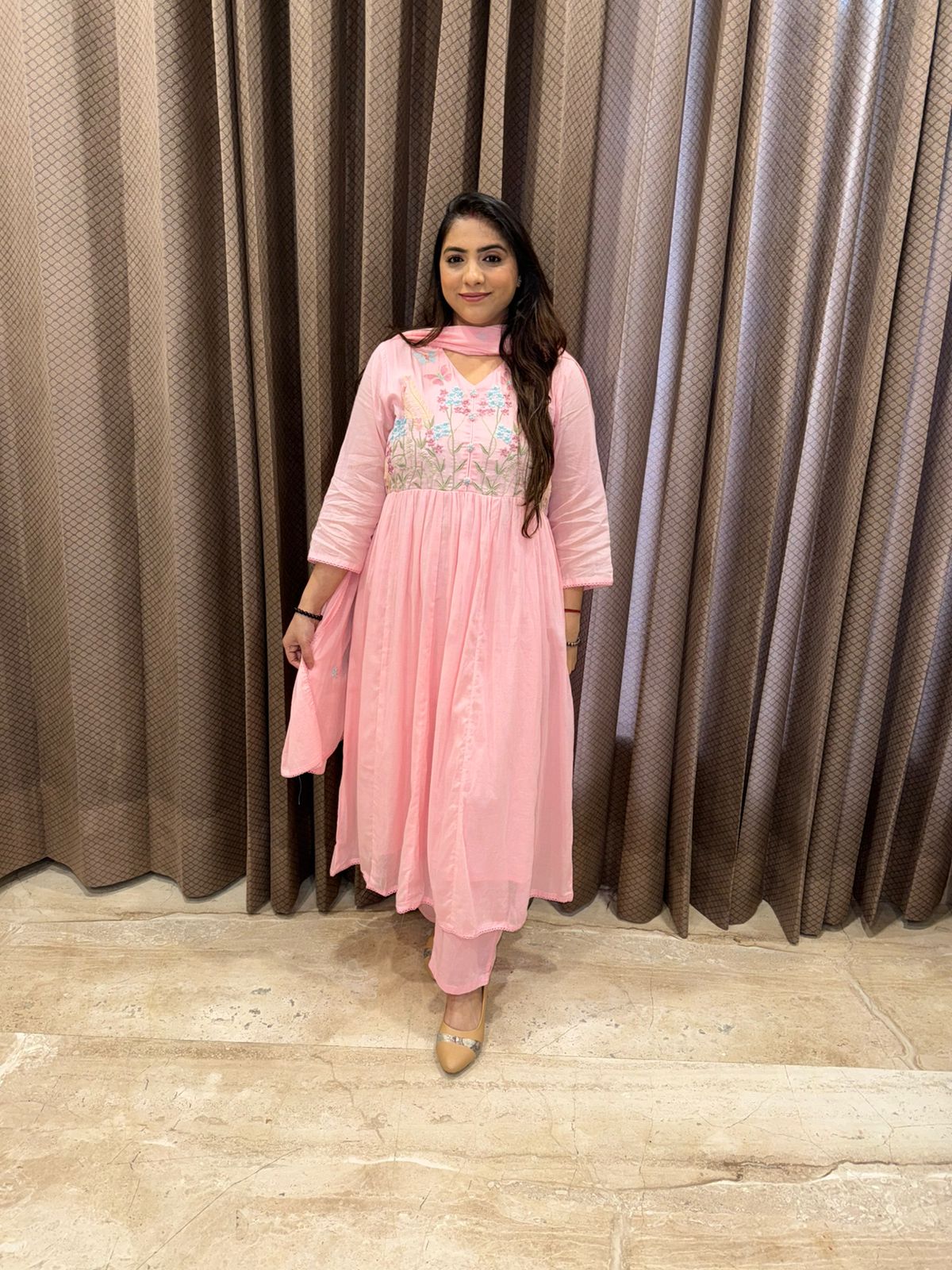 Pink Floral A-line Kurta Set with dupatta