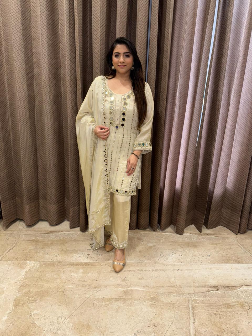 Ivory Mirror-Work Embroidered Kurta Set with Dupatta
