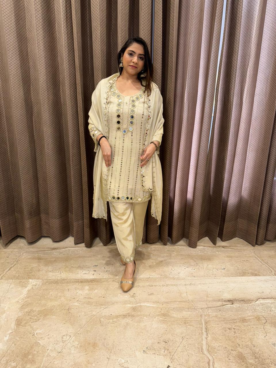 Ivory Mirror-Work Embroidered Kurta Set with Dupatta