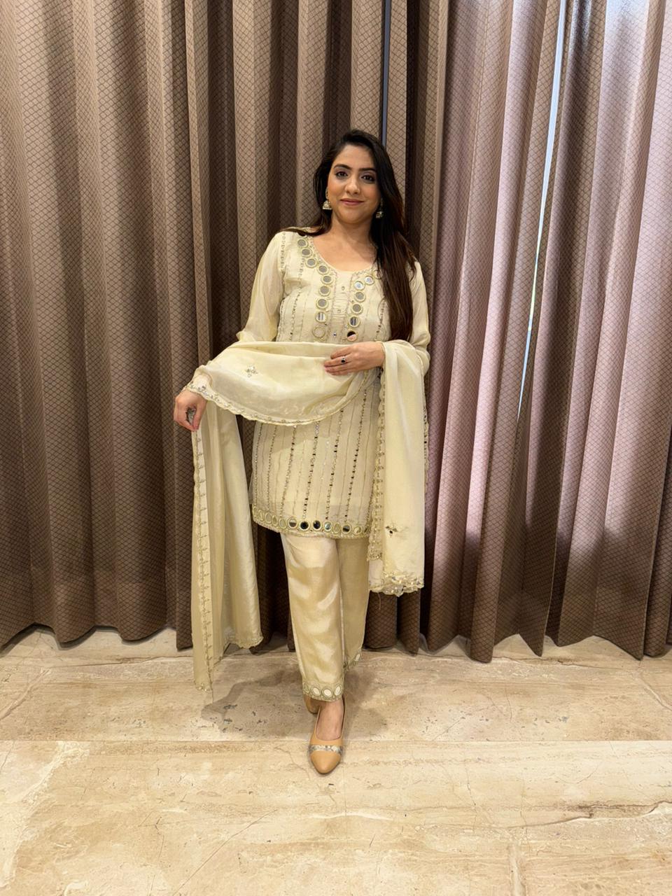 Ivory Mirror-Work Embroidered Kurta Set with Dupatta