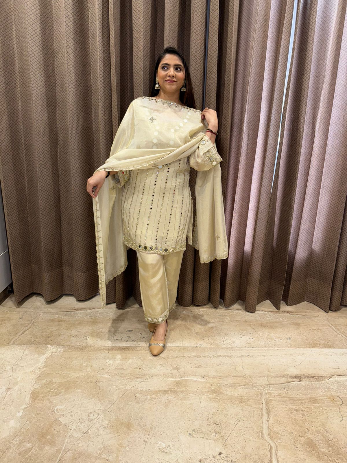 Ivory Mirror-Work Embroidered Kurta Set with Dupatta