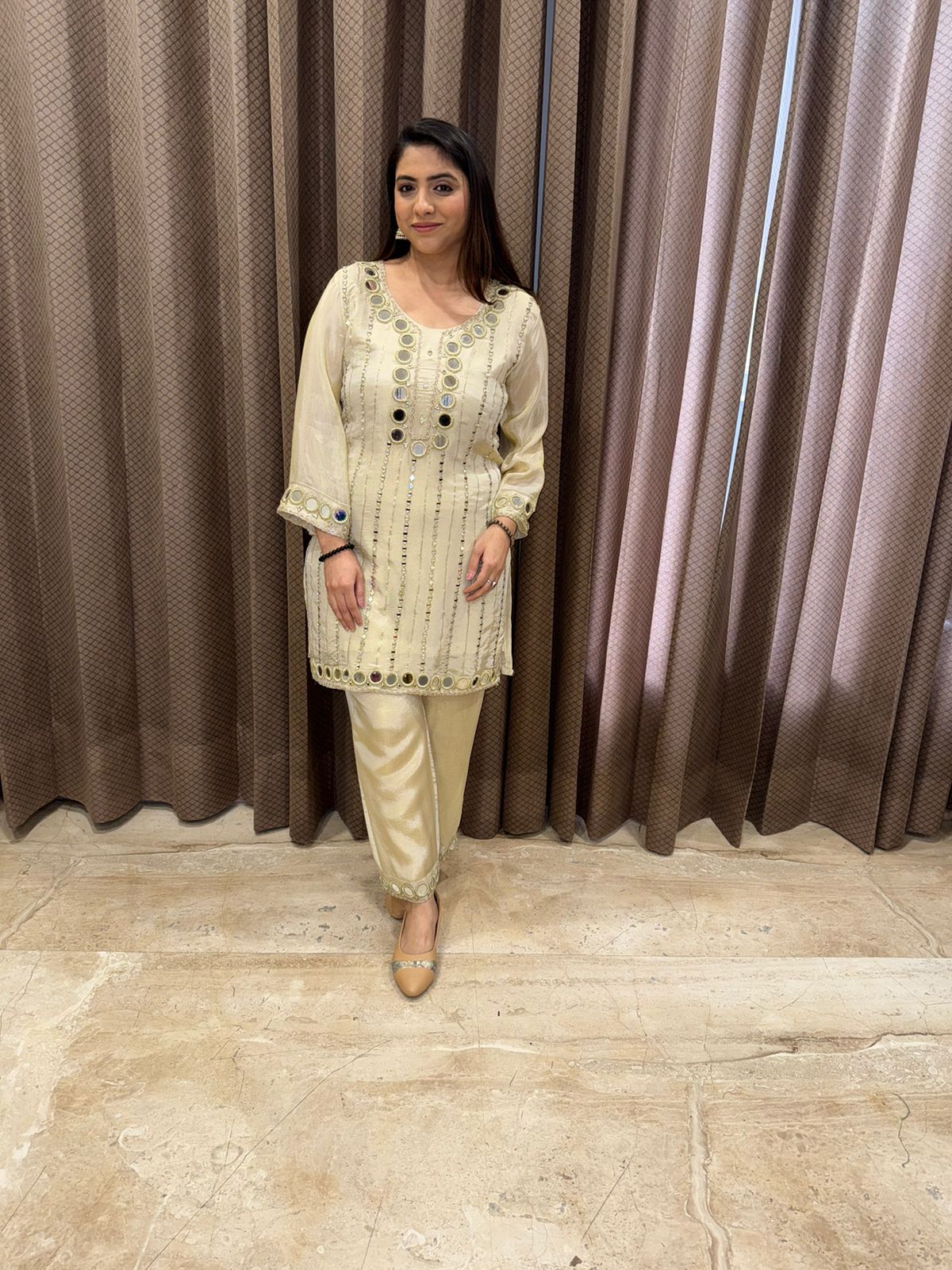 Ivory Mirror-Work Embroidered Kurta Set with Dupatta