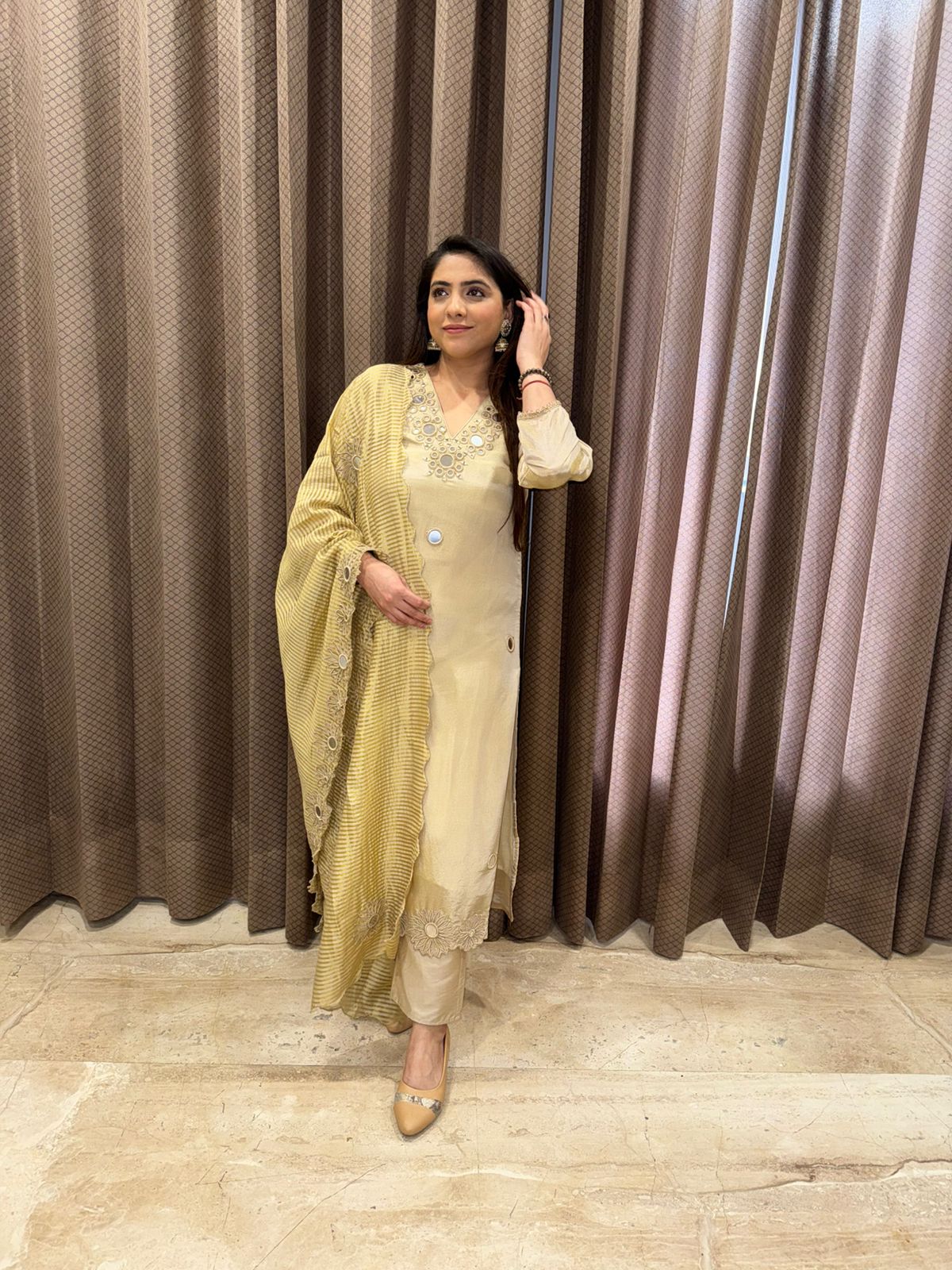 Golden Mirror Work Straight Kurta Pant Set with dupatta