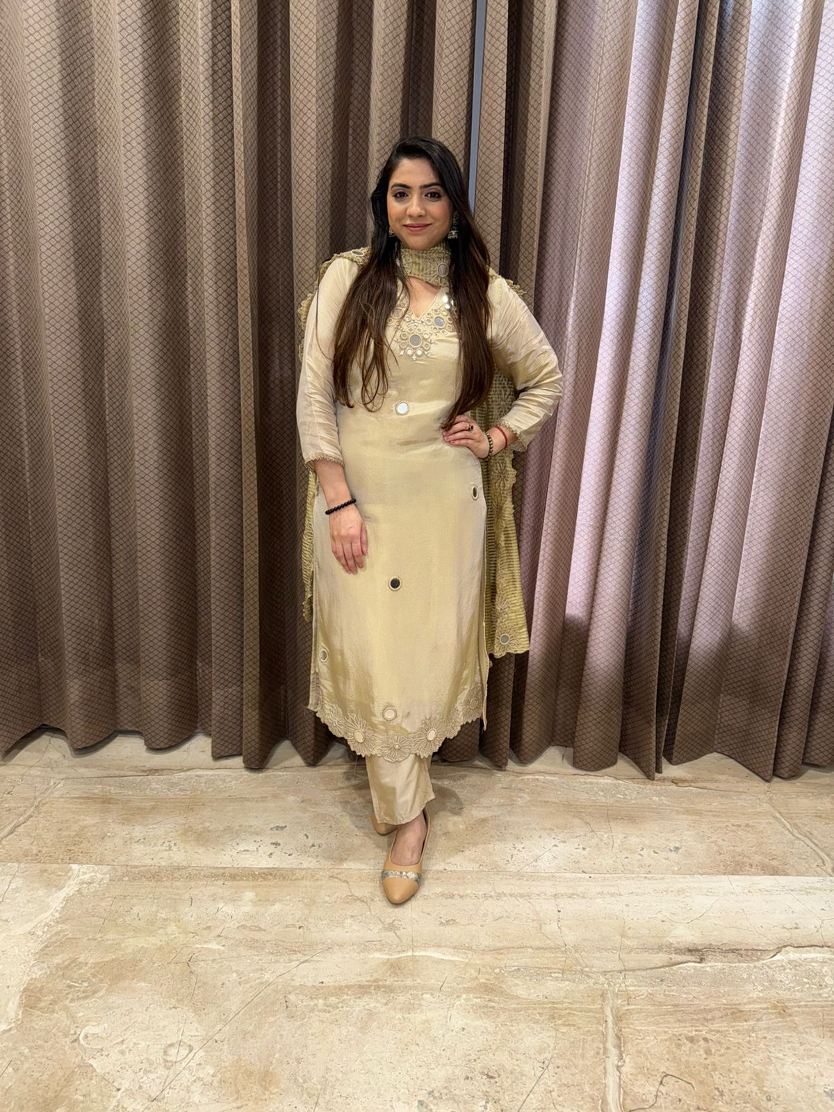 Golden Mirror Work Straight Kurta Pant Set with dupatta