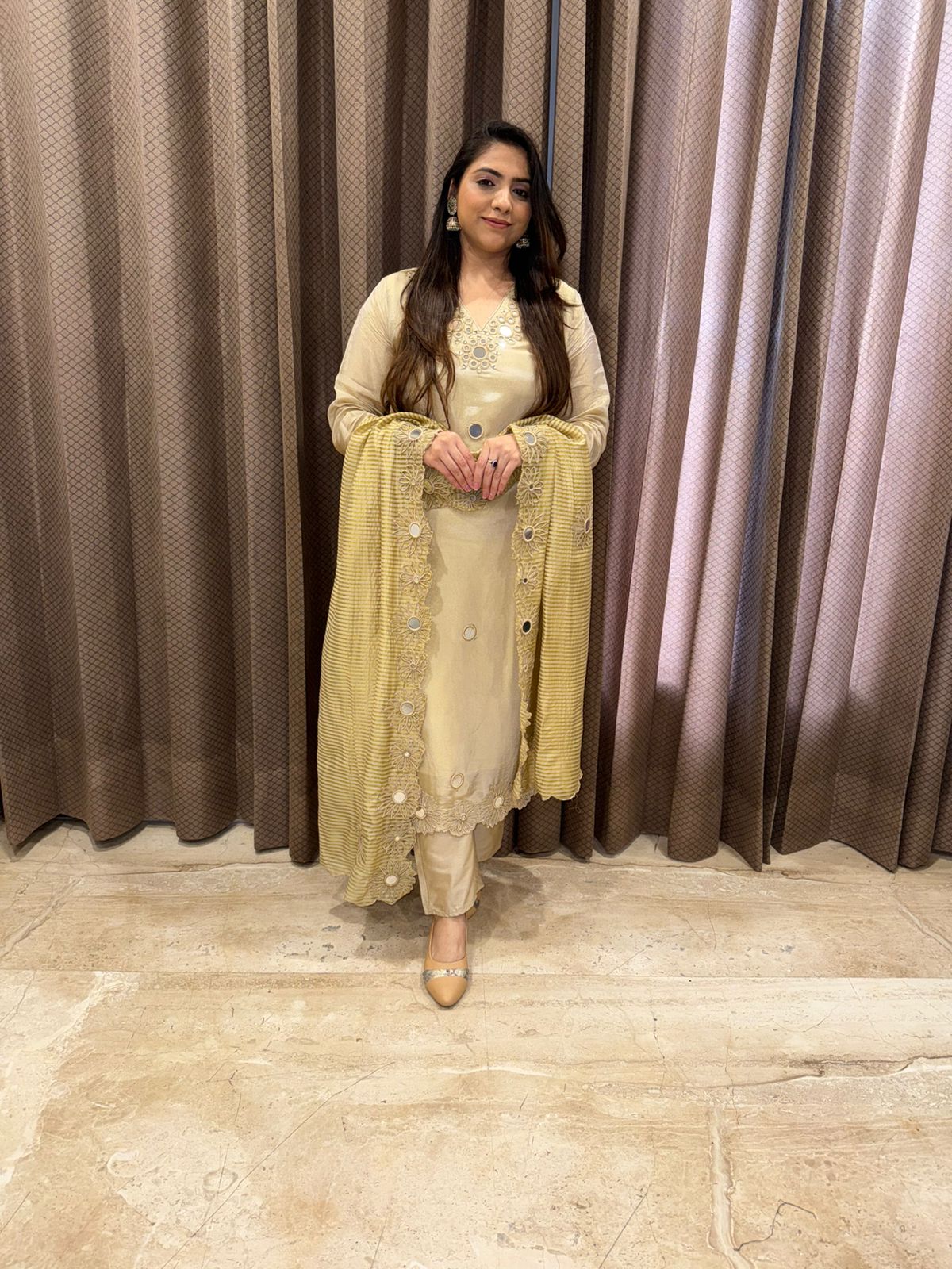 Golden Mirror Work Straight Kurta Pant Set with dupatta