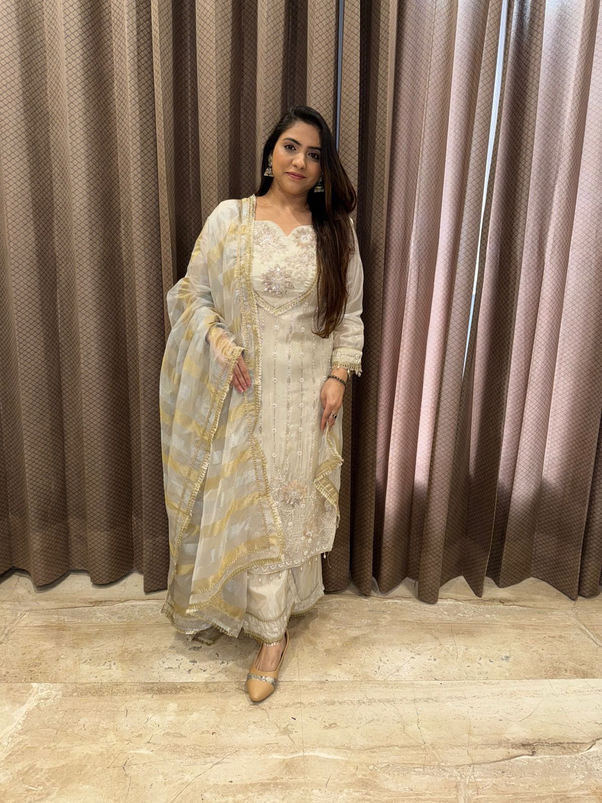 Ivory & Gold Hand Embroidered Straight Kurta Set with Dupatta