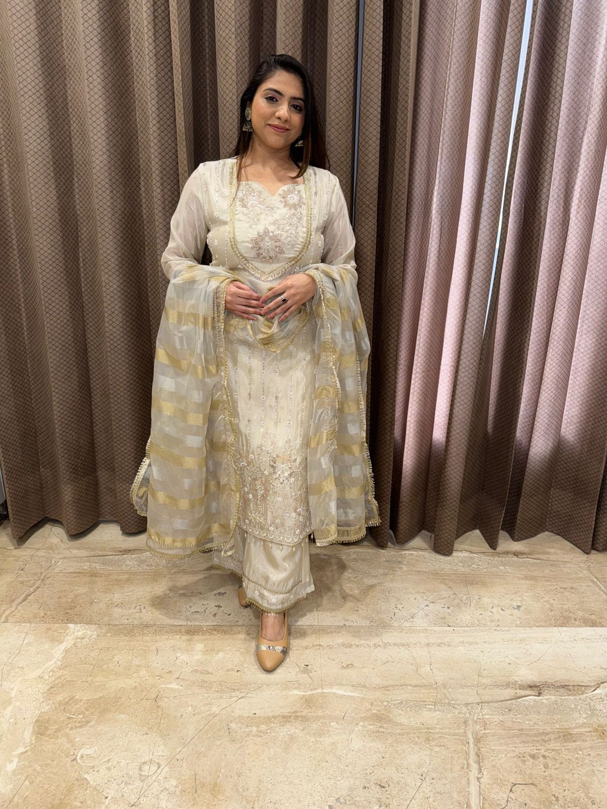 Ivory & Gold Hand Embroidered Straight Kurta Set with Dupatta