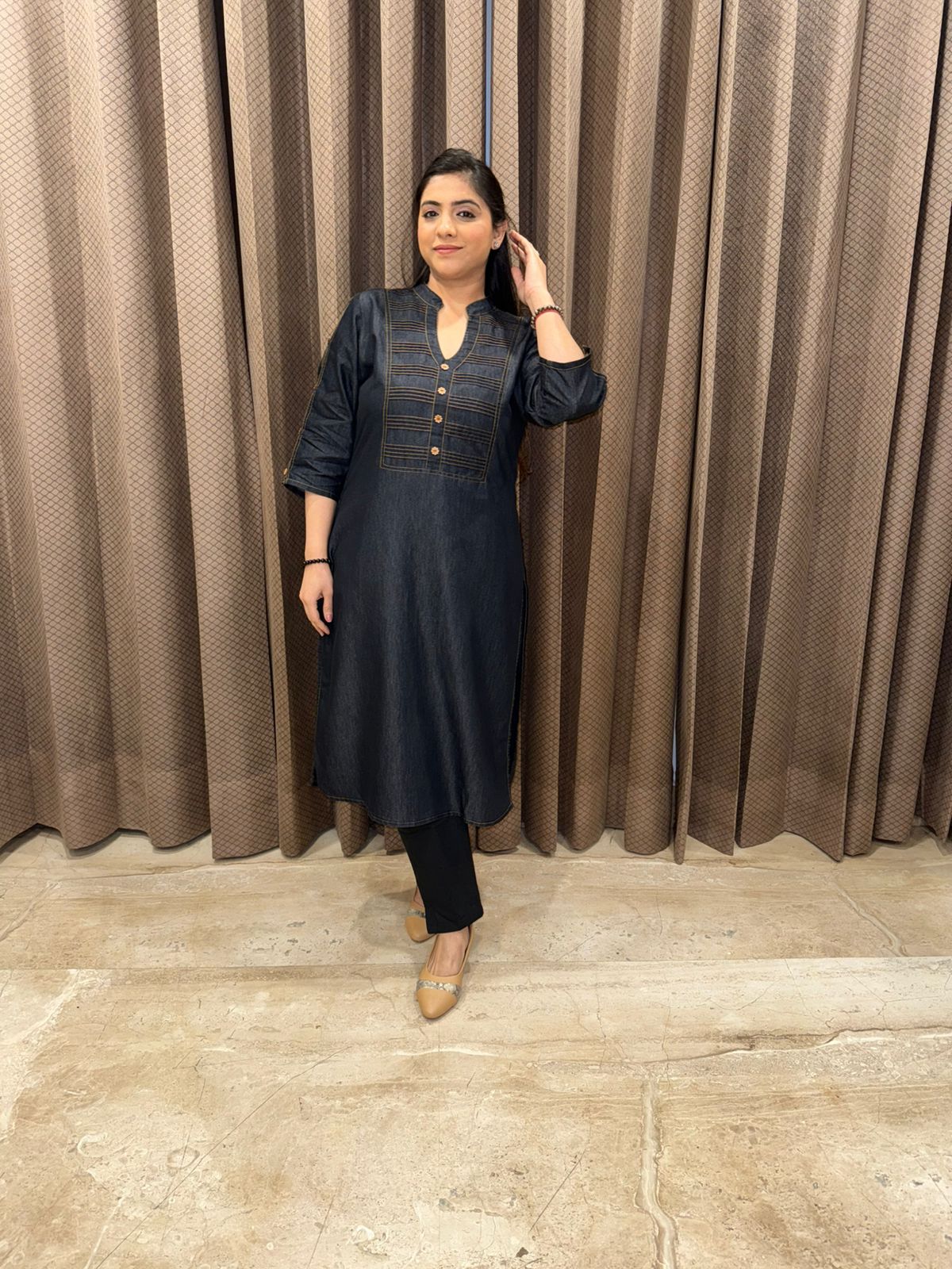 Black Solid denim Kurta with Contrast Stitching