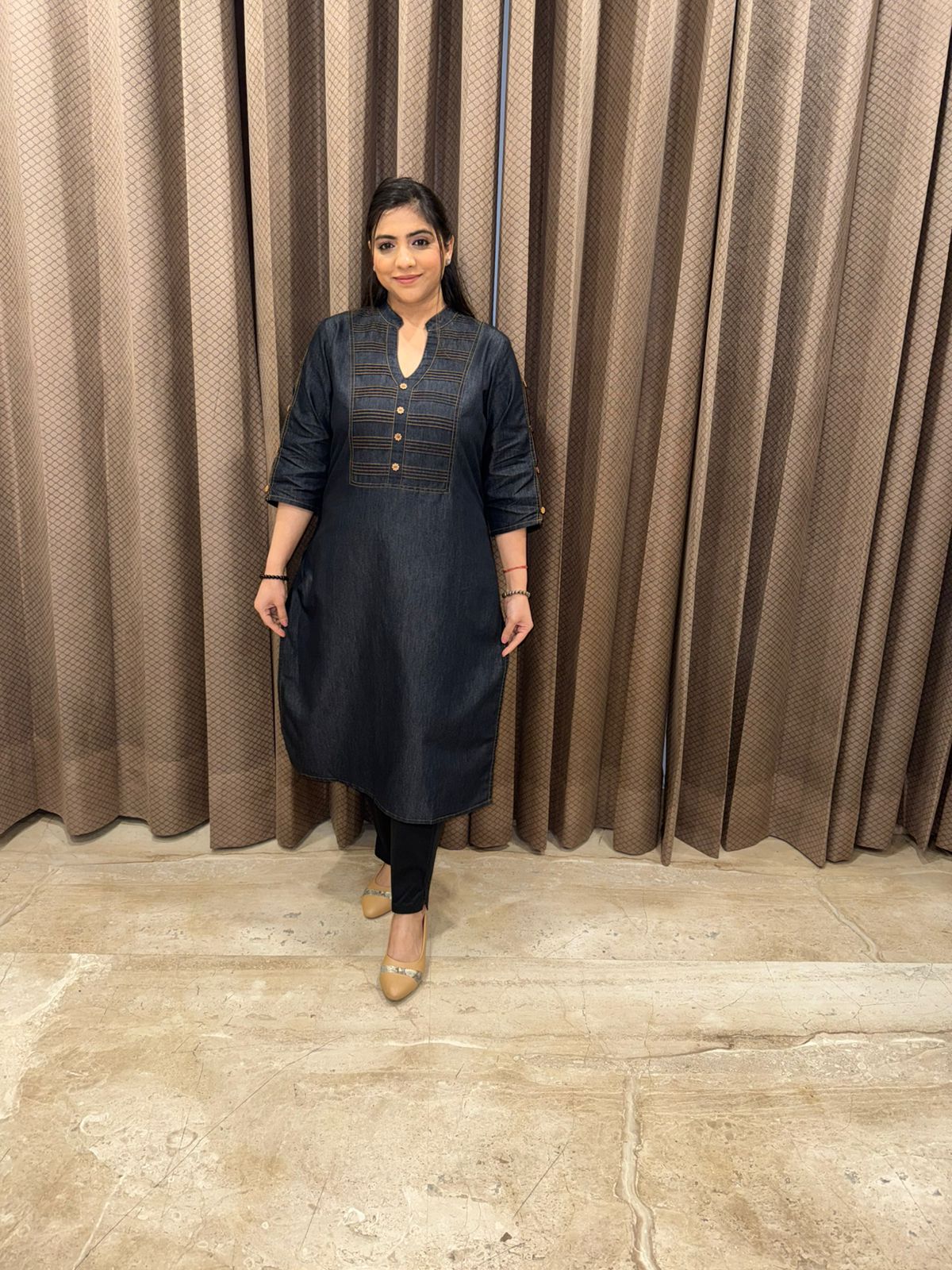 Black Solid denim Kurta with Contrast Stitching