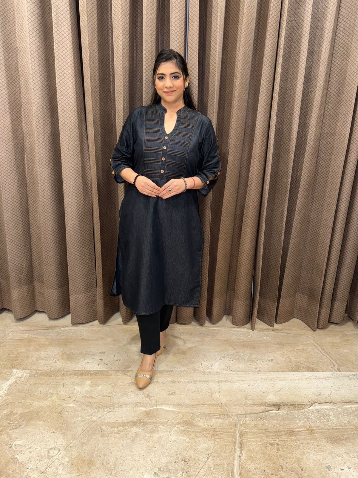 Black Solid denim Kurta with Contrast Stitching