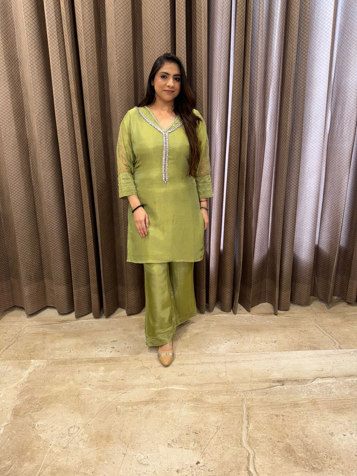 Olive Green Minimal Hand-work Embroidered Co-ord Set
