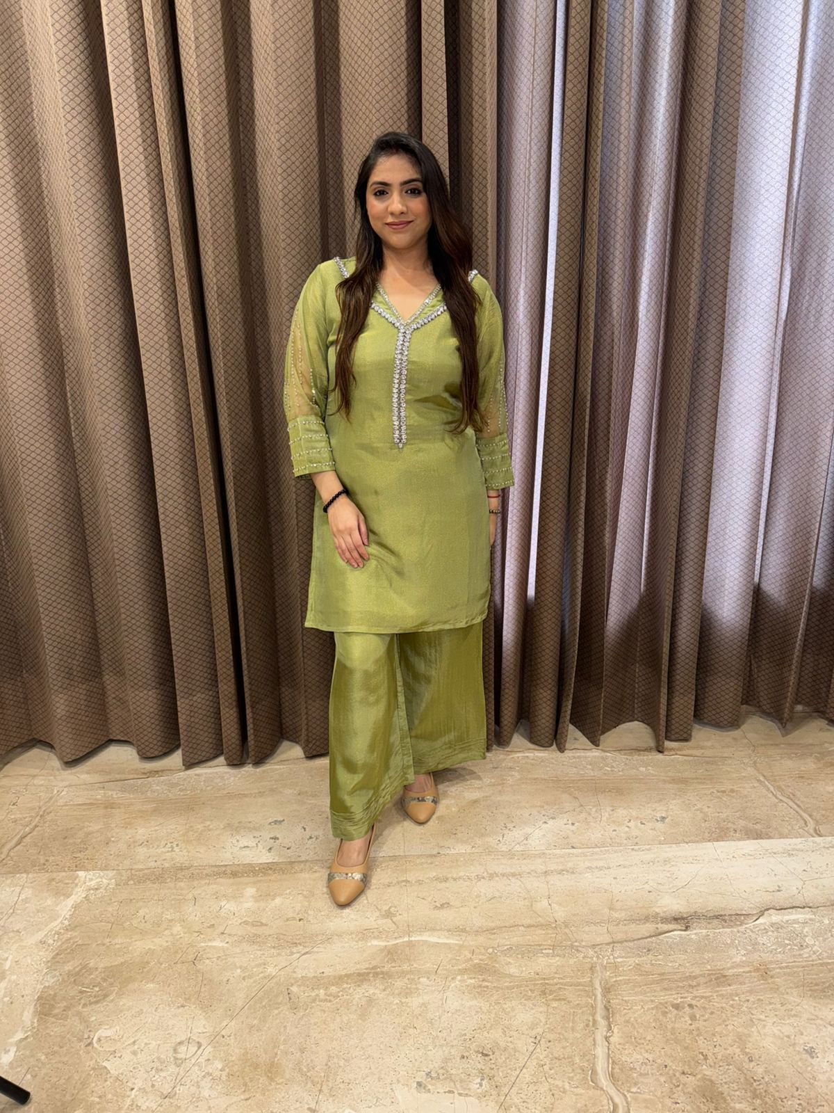Olive Green Minimal Hand-work Embroidered Co-ord Set