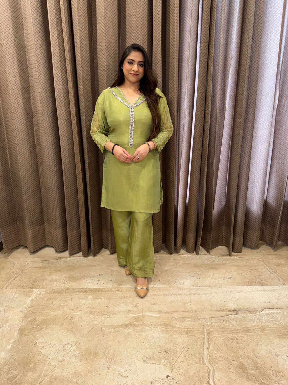 Olive Green Minimal Hand-work Embroidered Co-ord Set