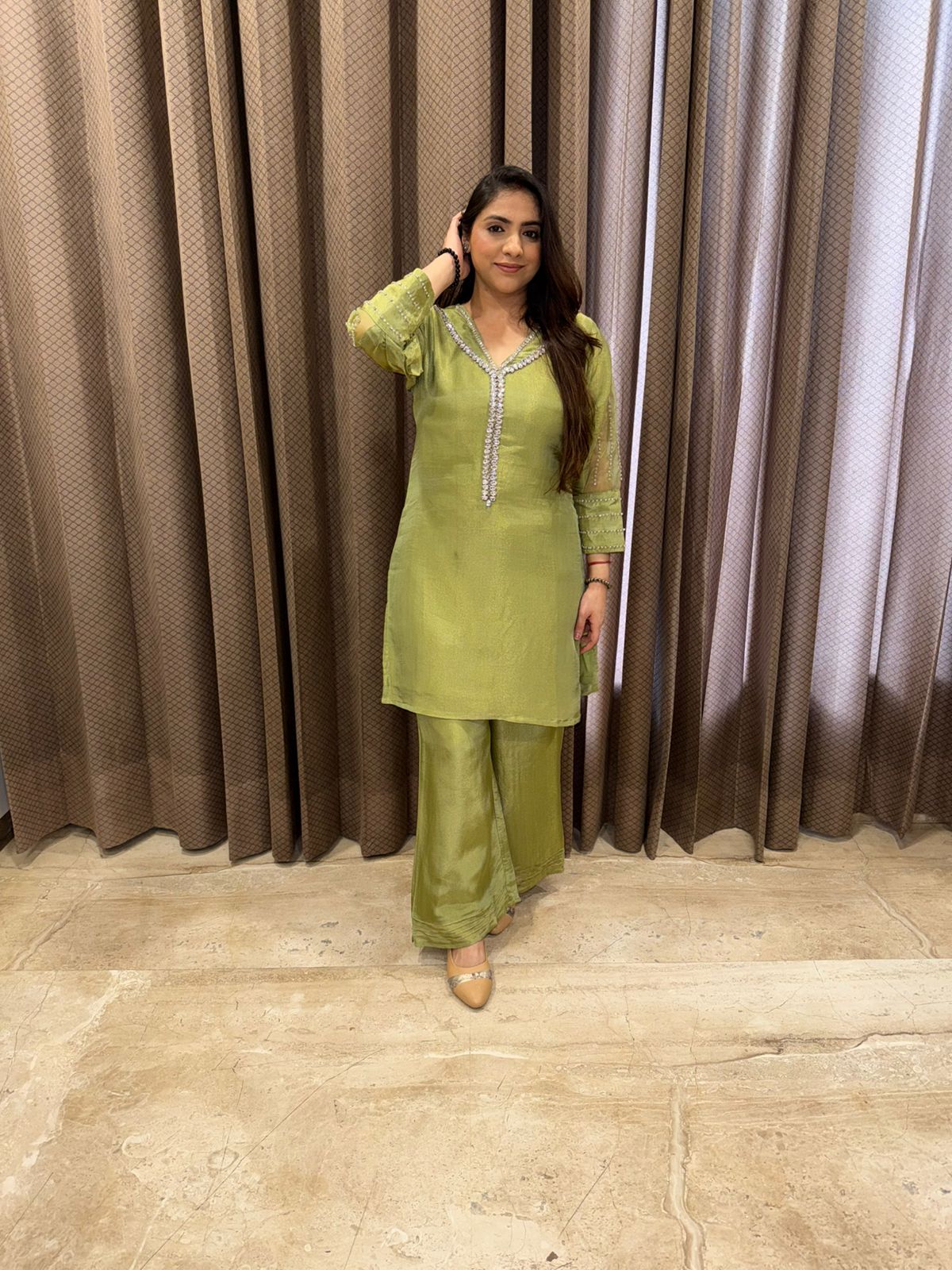 Olive Green Minimal Hand-work Embroidered Co-ord Set
