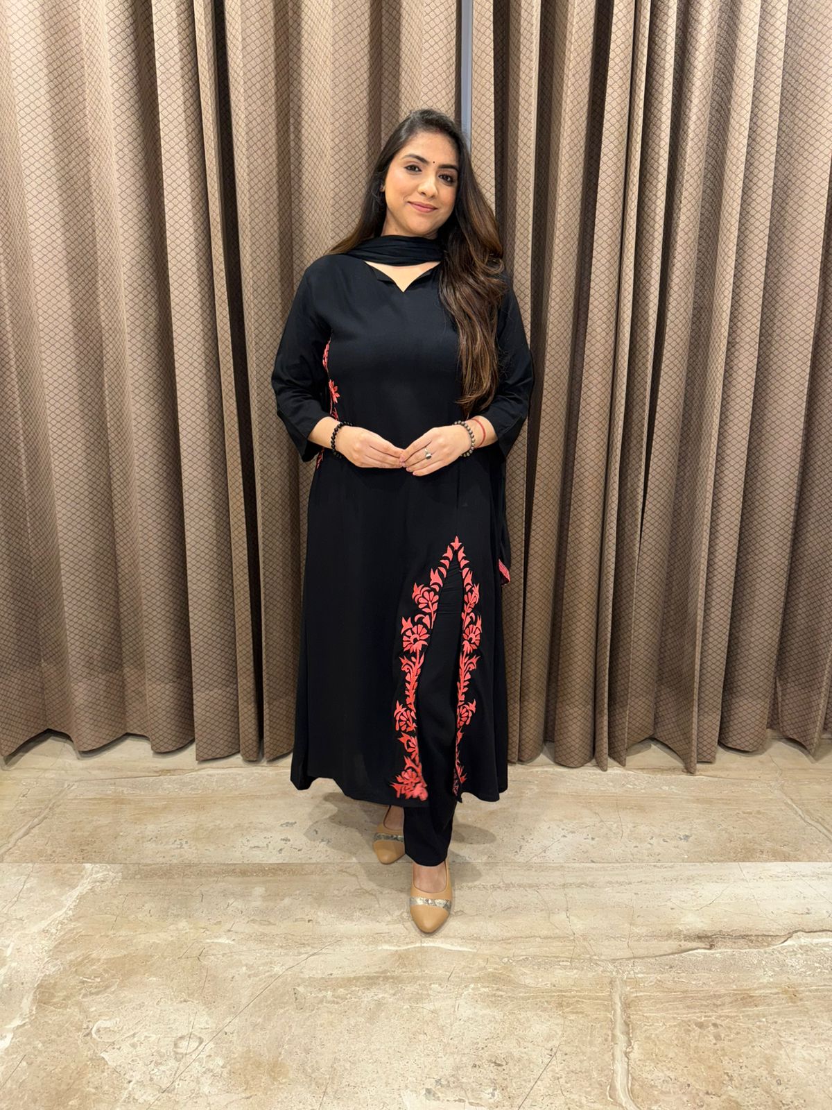 Jet Black Floral Embroidered Kurta Set