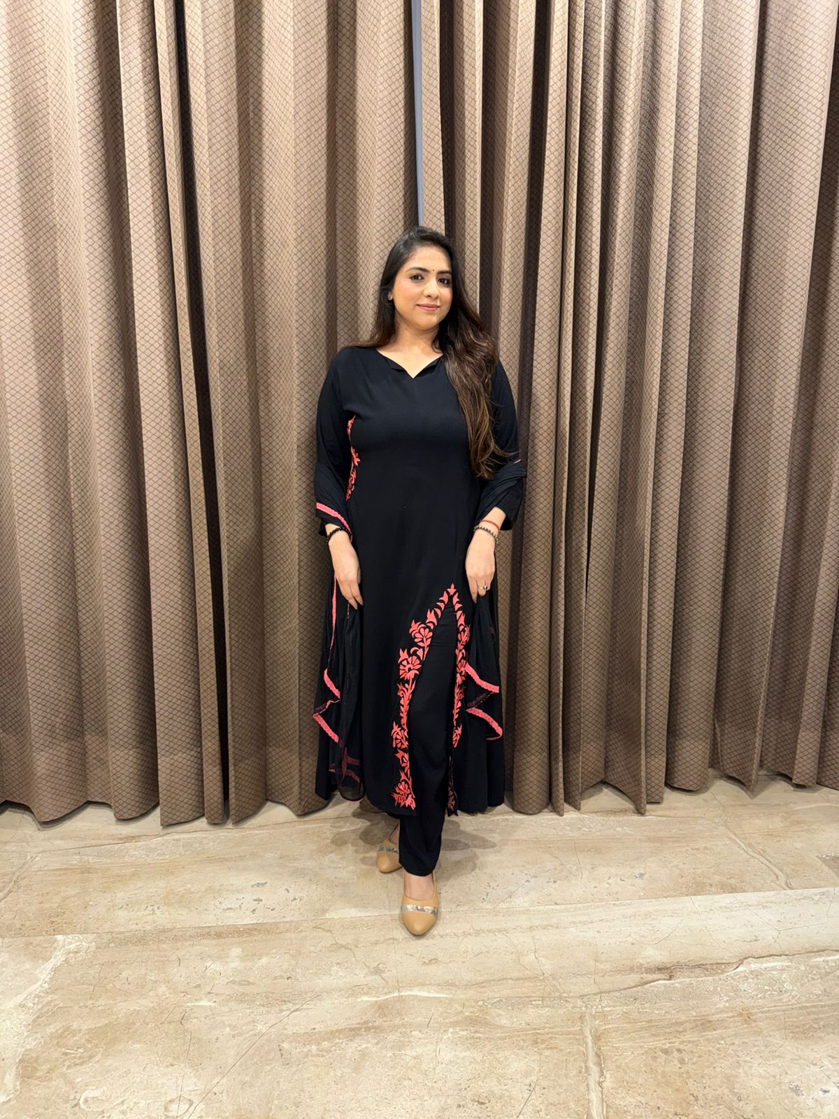 Jet Black Floral Embroidered Kurta Set