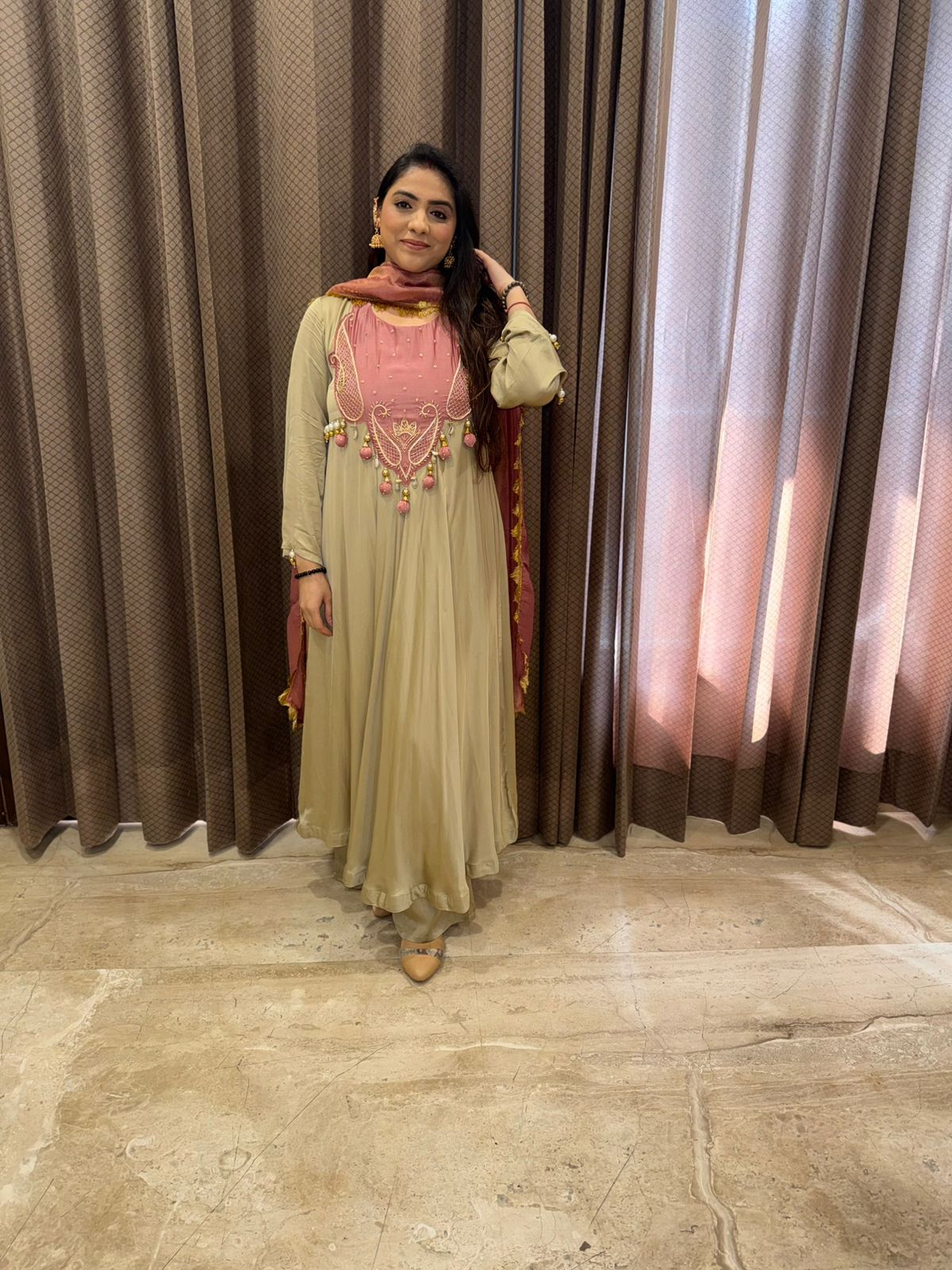 Elegant Beige & Blush pink Handwork Anarkali Suit Set