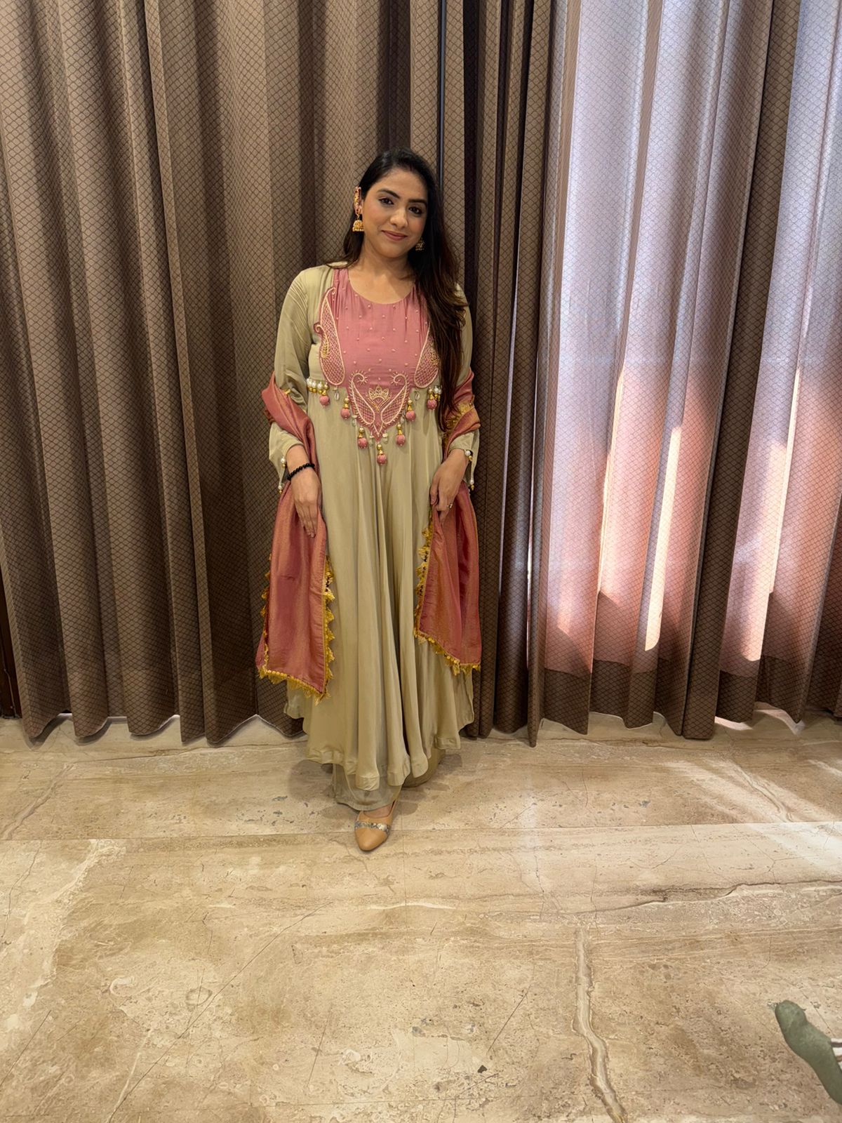Elegant Beige & Blush pink Handwork Anarkali Suit Set