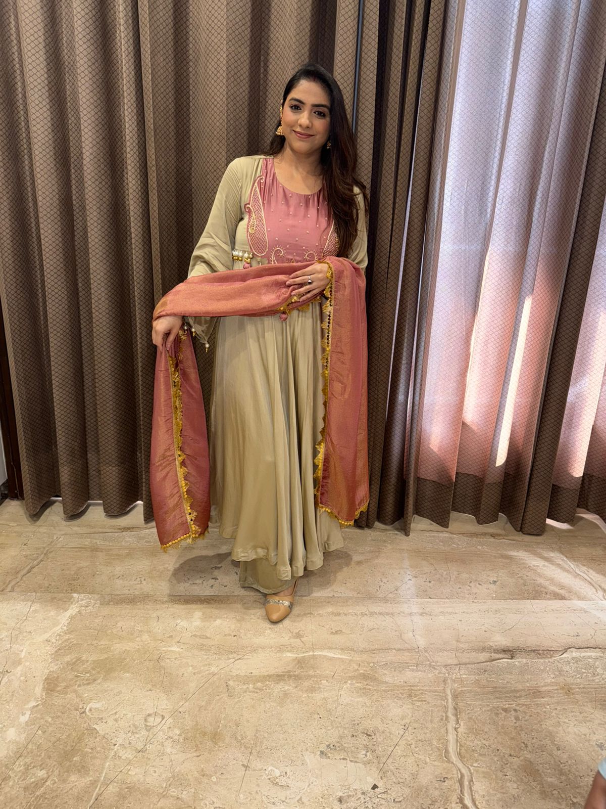 Elegant Beige & Blush pink Handwork Anarkali Suit Set