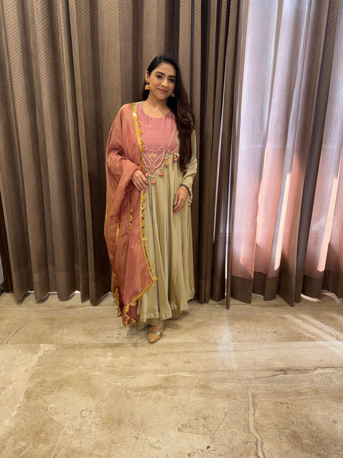 Elegant Beige & Blush pink Handwork Anarkali Suit Set