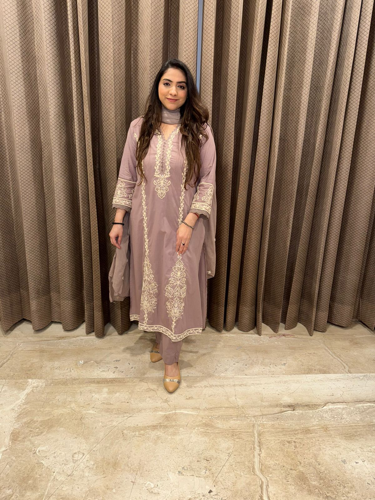 Dusty Mauve Embroidered Kurta Set with Dupatta