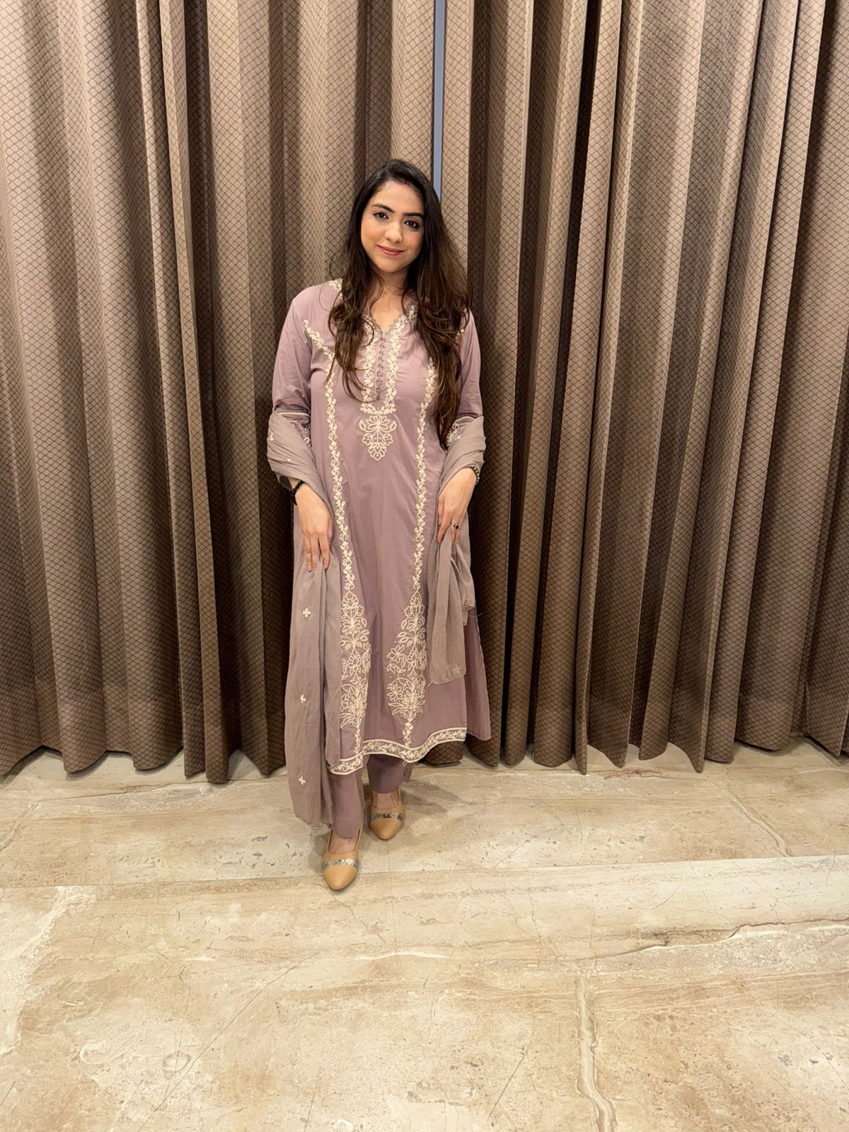 Dusty Mauve Embroidered Kurta Set with Dupatta