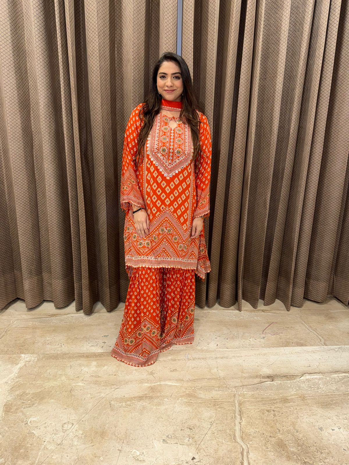 Rust digital print Garara Set with Handwork & Dupatta